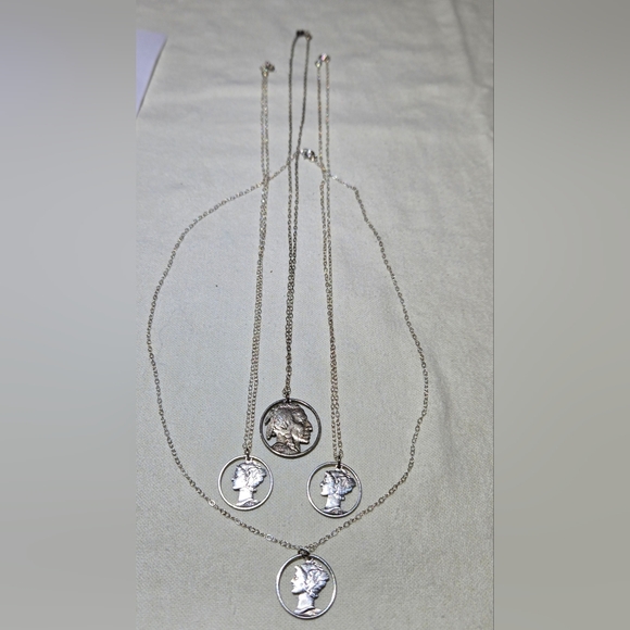 3 Laser Cut Mercury Dime & 1 Indian Nickel Pendants W/ Sterling Silver Necklaces - Picture 4 of 4